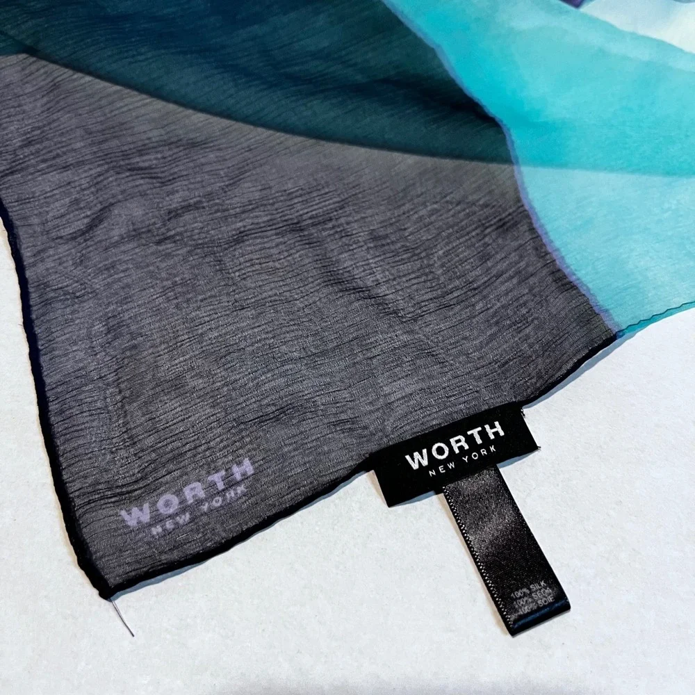 Worth New York Silk Scarf Large Leaf Print 72x21 Colorblock Blue‎ Purple